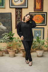 Second Black ribbon-striped cotton shirt and pants set by Zananii, featuring a short shirt with relaxed fitted trousers. A chic and timeless outfit from the Dastoor Collection.