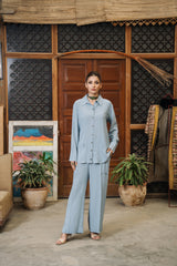 Sky blue dobby viscose button-down top and culotte set by Zananii from the Safari Collection, featuring a relaxed, modern silhouette for effortless everyday style.
