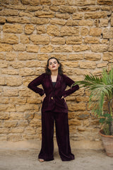 Third Burgundy velvet blazer and wide-leg trouser set by Zananii from the Baaghi Collection, featuring a tailored single-button blazer for a polished, modern look.