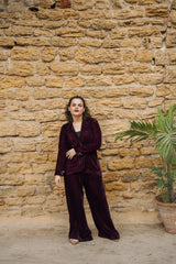 Burgundy velvet blazer and wide-leg trouser set by Zananii from the Baaghi Collection, featuring a tailored single-button blazer for a polished, modern look.