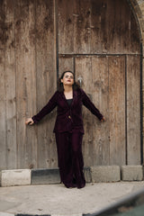 Second Burgundy velvet blazer and wide-leg trouser set by Zananii from the Baaghi Collection, featuring a tailored single-button blazer for a polished, modern look.