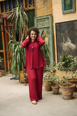 Shocking pink slub viscose co-ord set by Zananii from the Mannat Collection, featuring a relaxed shirt and bootleg pants for a bold and comfortable everyday look.