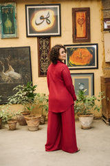 Second Shocking pink slub viscose co-ord set by Zananii from the Mannat Collection, featuring a relaxed shirt and bootleg pants for a bold and comfortable everyday look.