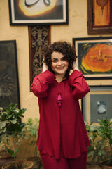 Fourth Shocking pink slub viscose co-ord set by Zananii from the Mannat Collection, featuring a relaxed shirt and bootleg pants for a bold and comfortable everyday look.